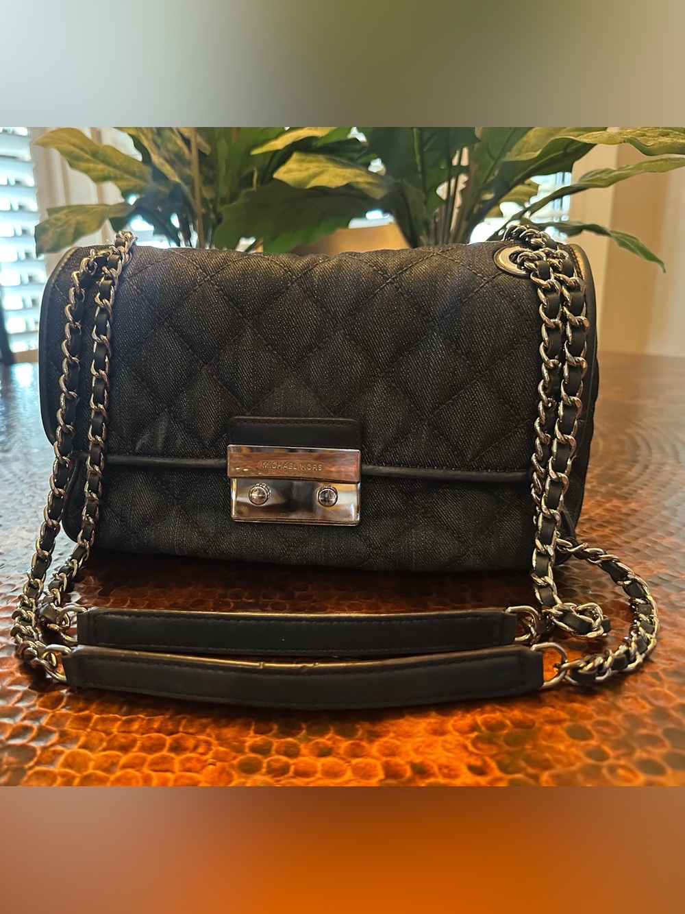 Michael Kors Sloan Large Quilted Denim Shoulder Bag with Silver Chain